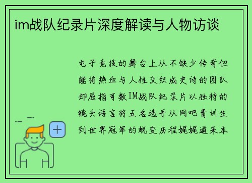 im战队纪录片深度解读与人物访谈