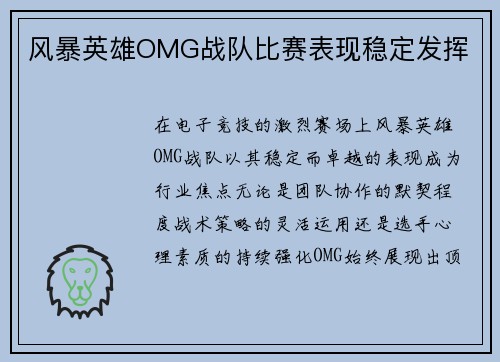 风暴英雄OMG战队比赛表现稳定发挥